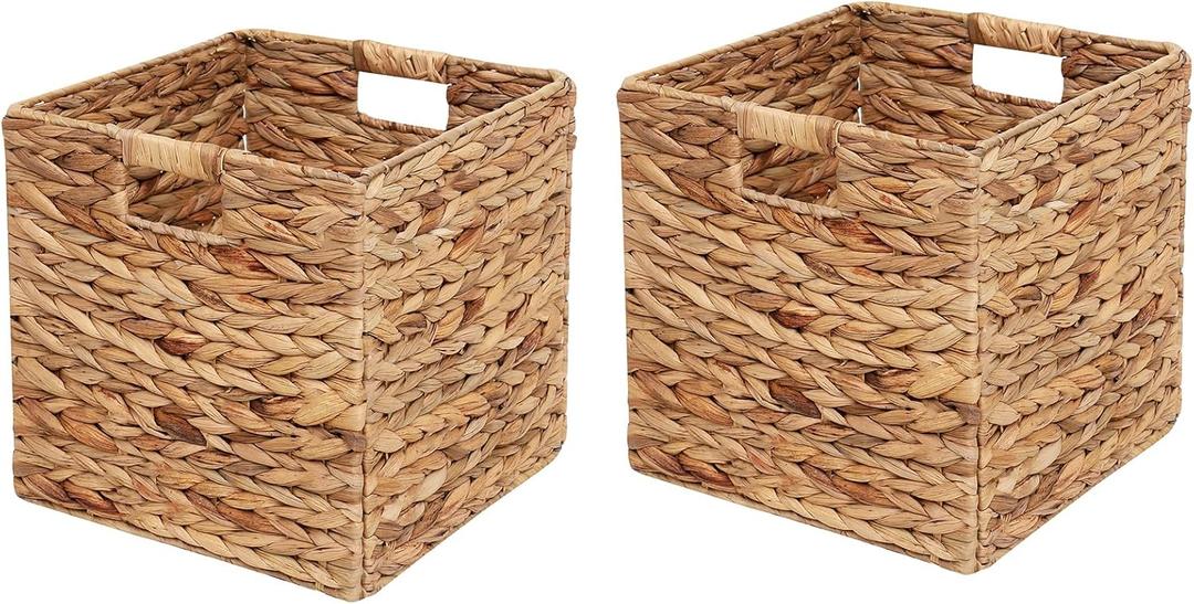 Water Hyacinth Woven Wicker Storage Baskets - 12x12x12inch Set of 2, Foldable Cubes for Shelves, Handwoven Laundry Totes for Bedroom