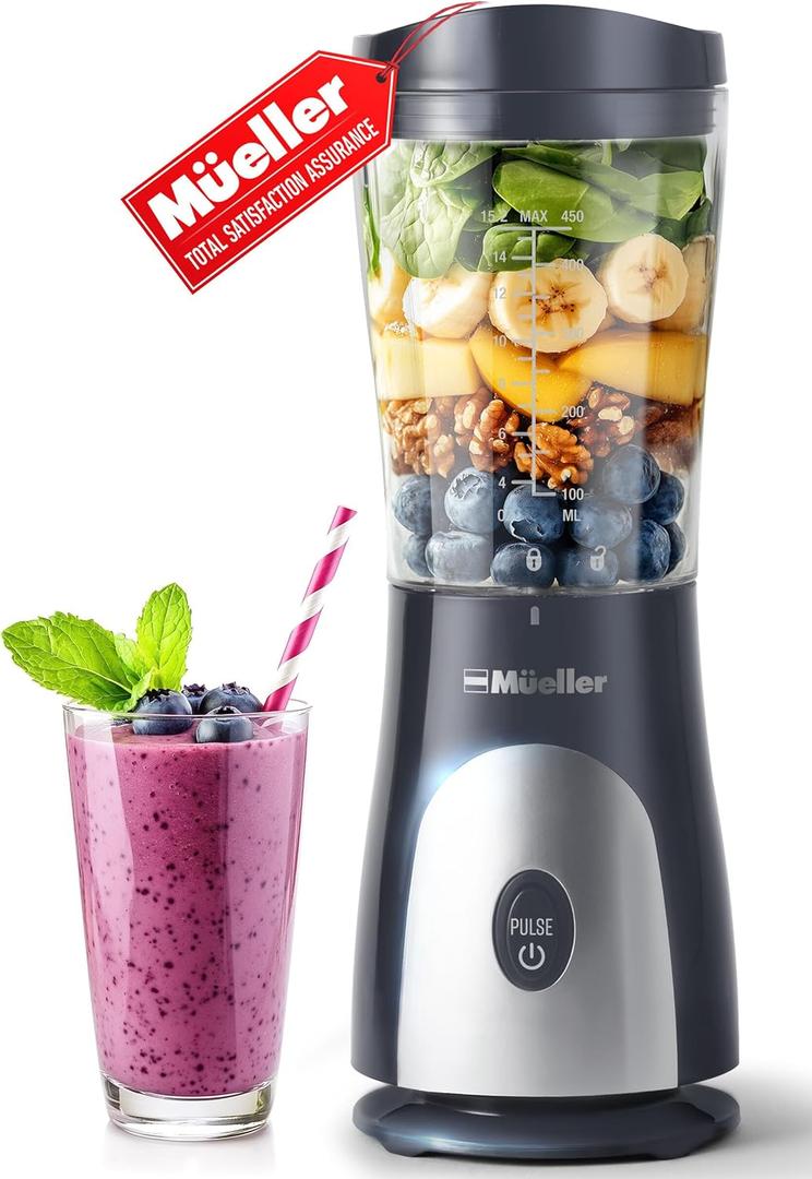 Mueller Smoothie Blender for Smoothies - Personal Blender for Shakes, Frozen Drinks, Baby Food & More, 15oz Travel Cup and Lid, Durable Stainless Steel Blades for Powerful Blending Performance (Light Grey)