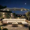 15FT Large Outdoor Patio Umbrella with Solar Lights and Base, Double-Sided Table Umbrellas with 48 LED Lights, Rectangle Market Umbrella for Pool, Deck, Backyard