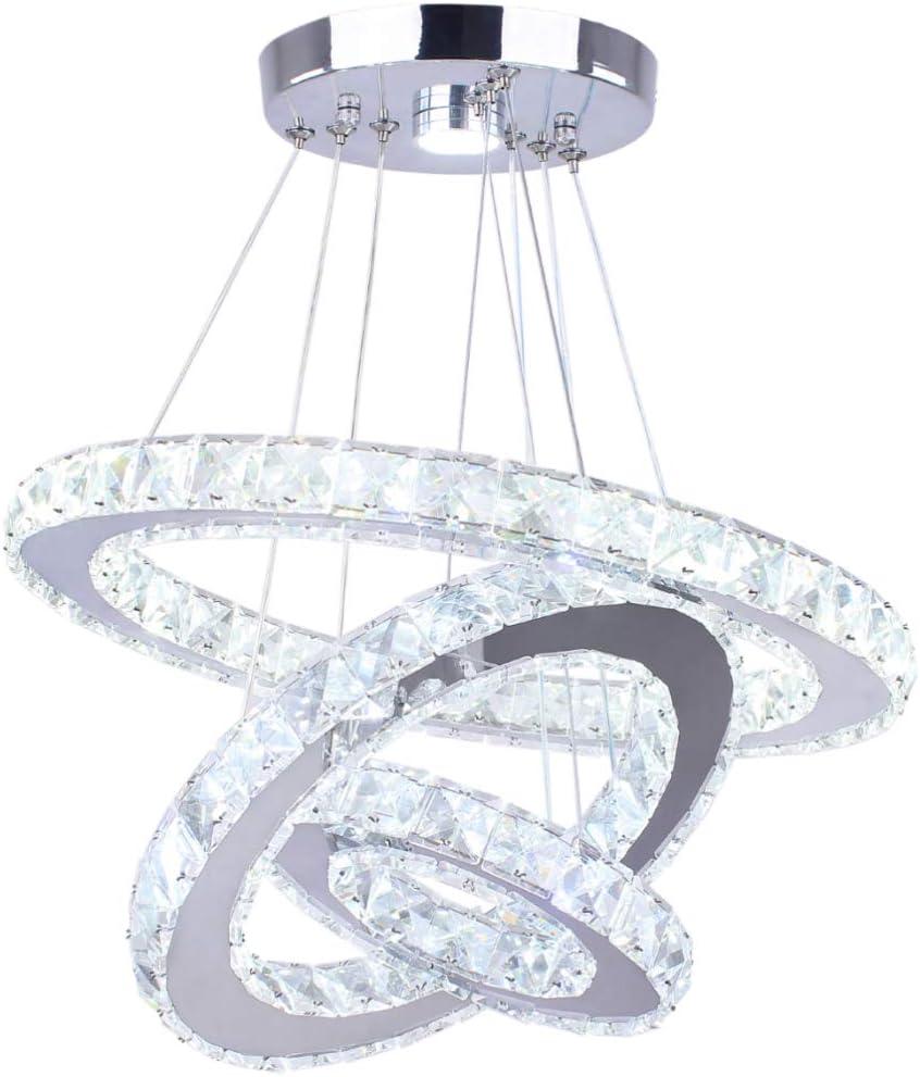 Winretro Modern LED Chandeliers Crystal Chandelier 3 Ring Round Pendant Lighting Adjustable Stainless Steel Ceiling Light Fixture for Living Room Dining Room Bedroom (234 cool white)