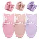 DRESHOW BQUBO 3 Pack Newborn Baby Swaddle Blanket with Hats Infant Adjustable Swaddling Wraps with Bear Ears Cap for 6-12 Lbs Newborns & 0-3 Months Girls Boys (3 Sets: Blankets + Bow Hats (Beige-Pink, Dark Pink, Light Purple)