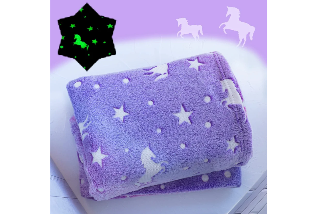 Unicorn Throw Blankets Glow in The Dark Soft Throw Blanket for Girls Boys with Storage Bag, Gifts for Holiday Birthday, Kids Blanket, Day Care Home Travel Use, 50"x60" Purple