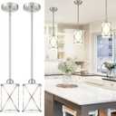 Brushed Nickel Pendant Lights Kitchen Island 2 Pack, Modern Glass Pendant Light Fixtures with Frosted Glass and Rods, Mini Hanging Lighting for Kitchen Sink Bathroom, CH9176BNW-2PK