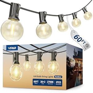 VIPAR Outdoor String Lights, 60FT 32 G40 Bulbs Patio Lights Outdoor Waterproof, Shatterproof Vintage Connectable LED Outside Hanging Light for Backyard, Porch, Garden, Deck, Bistro, 2700K Dimmable