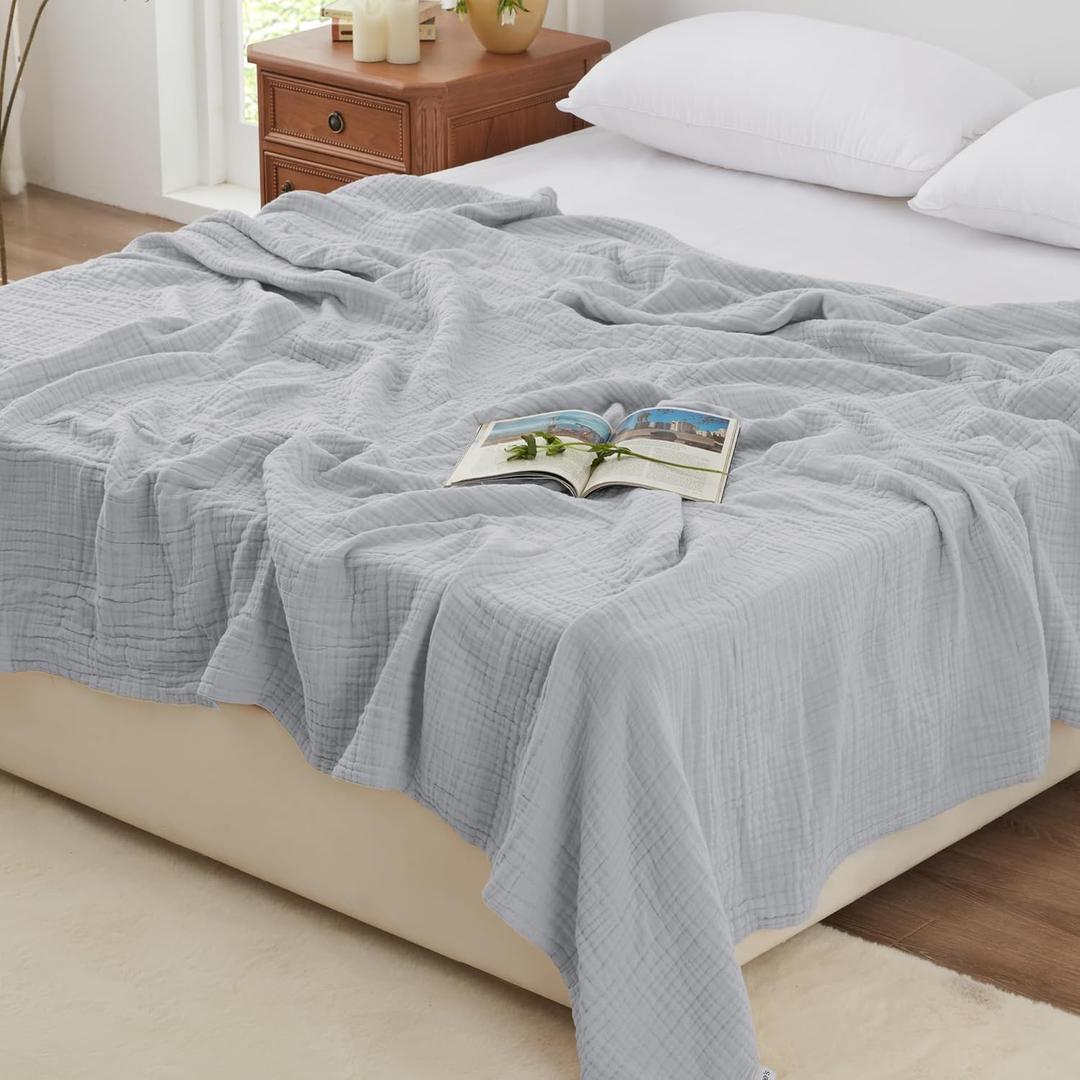 Love's Cabin 100% Cotton Muslin Blanket, 6 Layer Lightweight Breathable Gauze King Size Blanket 108 x 90 Inches, Soft Summer Blanket for Bed, Light Grey