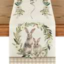 Artoid Mode Buffalo Plaid Bunny Rabbit Wild Flowers Easter Table Runner, Seasonal Kitchen Dining Table Decoration for Home Party Decor 13x72 Inch (Beige)
