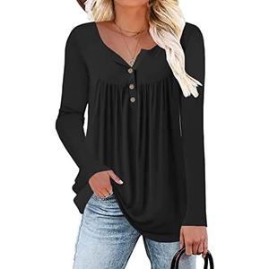 HAHIYOR Womens-Tops-Long-Sleeve Henley Shirts V Neck Blouses Buttons Up Tunics Flowy Pleated Blouses, Medium