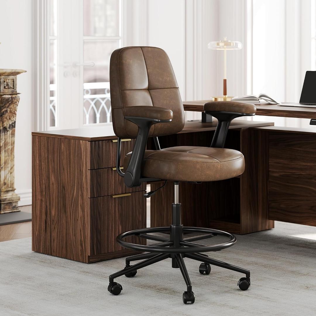 Drafting Executive Chair, Tall Office Chair with Padded Flip-Up Armrests, Mid-Back Cushioned Seat, 360° Swivel Rolling Computer Desk Chair for Standing Desk & Home Office, Vintage Brown