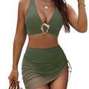 BMJL Women's High Waisted Bikini Sets Retro Swim Skirt Tummy Control Swimsuits Mesh Sarong Wraps Bathing Suits 2025(Army Green,M)