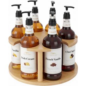 Rotating Coffee Syrup Organizer, 6 Bottles Wood Syrup Holder, Syrups Bottle Organizer Stand for Countertop, Rotating Base Storage Rack with Anti-Slip Pads, Coffee Station Bar Accessories