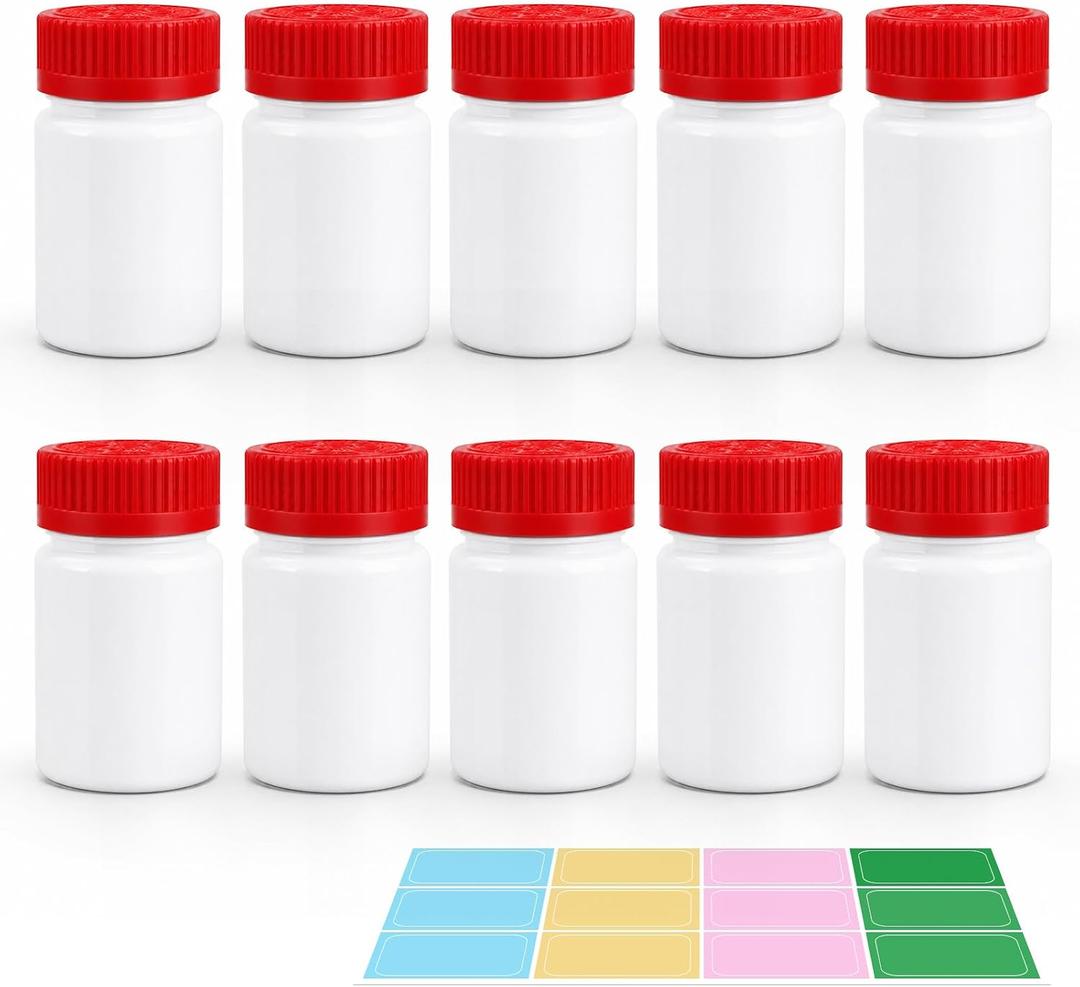 2 x METAPACK Push and Turn Cap Small Pill Bottle, 10 Pack Empty Medicine Bottles, HDPE Travel Pill Container with Labels for Pills Capsules Vitamins (16dram, Red Caps)