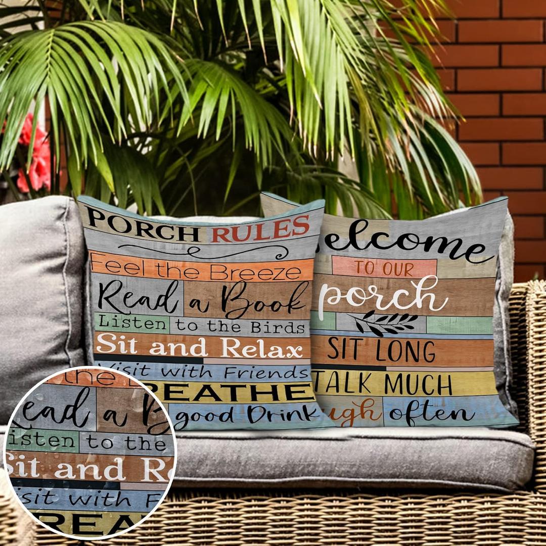Jartinle Porch Rules Sign Outdoor Pillow Covers Waterproof Welcome to Our Porch Patio Pillow Covers for Couch Bench Patio Furniture Set of 2 (Brown, 16x16)