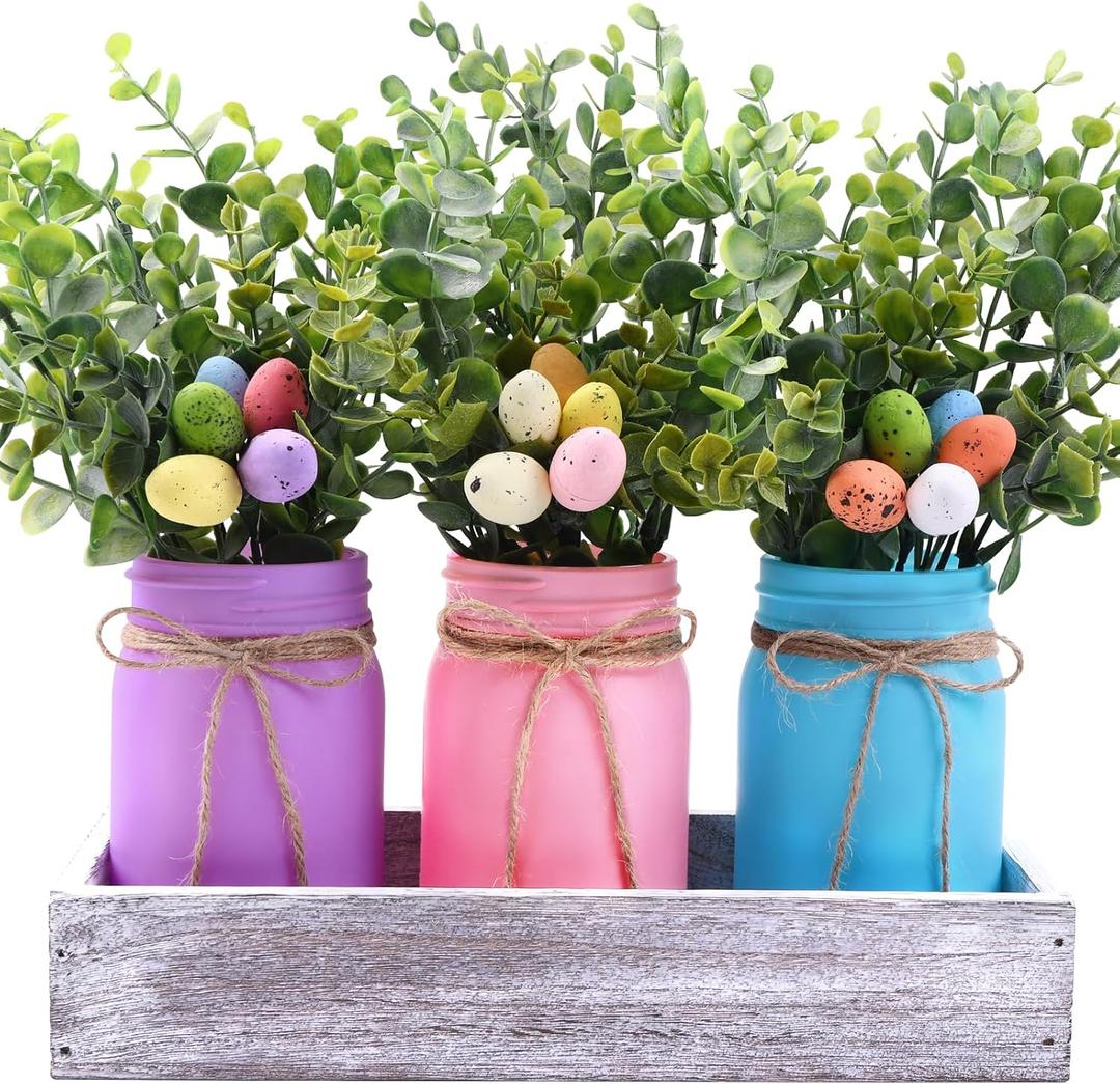 3PCS Easter Mason Jars 3 * 5Inch Easter Painted Tiered Tray Decorative Jars with Wood Tray &Artificial Flowers Farmhouse Bottles for Holiday Spring Home Table Centerpiece Decor Gifts (Purple)