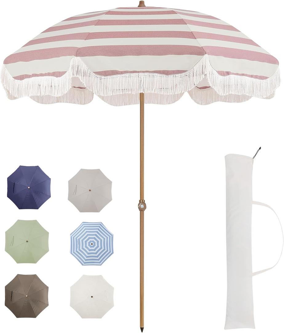 Tempera 7ft Outdoor Patio Umbrella with Carry Bag,Beach Umbrella with Fringe|Vintage Tassel Umbrella with Prime Steel Pole and Ribs Push Button Tilt,Ideal for Garden Lawn,UPF50+ (RED STRIPE)