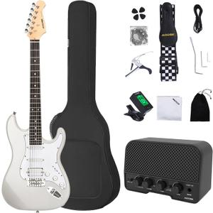 AODSK Electric Guitar with Amp Beginner Kit 39 Inch Solid Body Full Size,All Accessories,Digital Tuner,Six Strings,Four Picks,Tremolo Bar,Strap,Gig Bag,Starter kit (White-HSS)