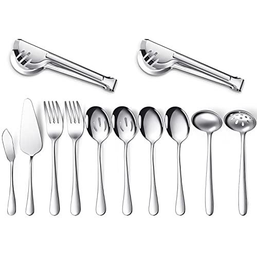 Patelai Serving Utensils Set Include Stainless Steel Large Spoons Slotted Spoons Forks Tongs Soup Ladle and Pie Server for Parties Buffet Catering, Dishwasher Safe(Silver,12 Pieces)