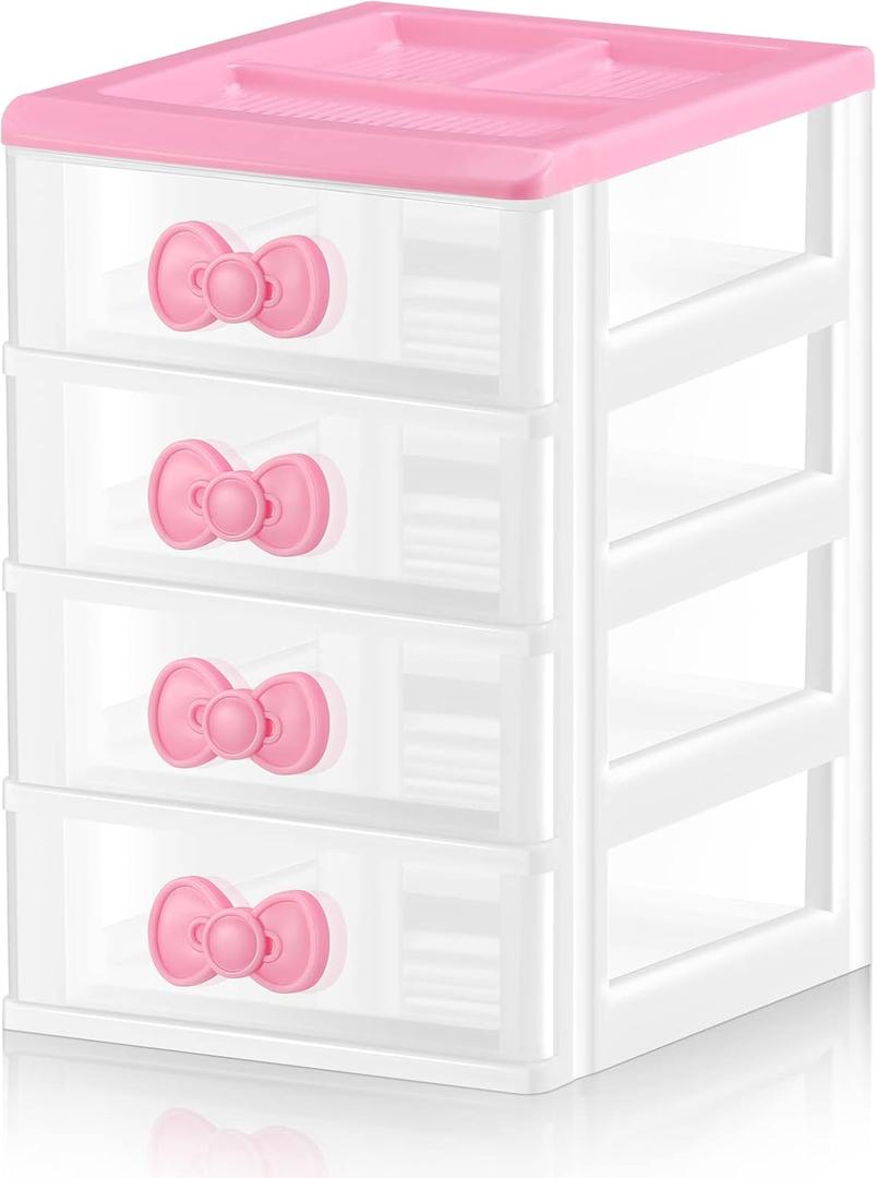 Tatuo Lovely Receiving Storage Cabinets Kawaii Makeup Organizer with 4 Layers Cute Storage Cabinet Box with Bow Handle Plastic Desktop Storage Box for Home Bedroom Bathroom Women Gifts(Clear)