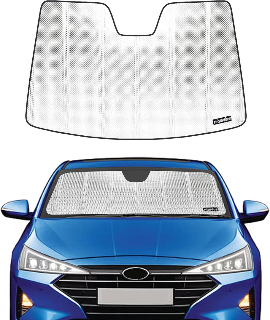Pigenius Windshield Sun Shade for Hyundai Elantra 2017-2020 with Rearview Mirror Mounted Camera. Reflective Aluminum Film Front Window Sunshade - BLAZBLOCK