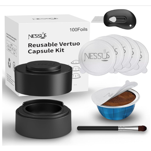 Nessus Reusable Pod Kit for Nespresso Pods Vertuo, Reuse Old Coffee Pods for Nespresso Vertuo: 100 Pcs Aluminum Foil Seal Lid, Holder, Brush, Refillable Vertuo Plus Next Capsule Machine(No Pods Come)