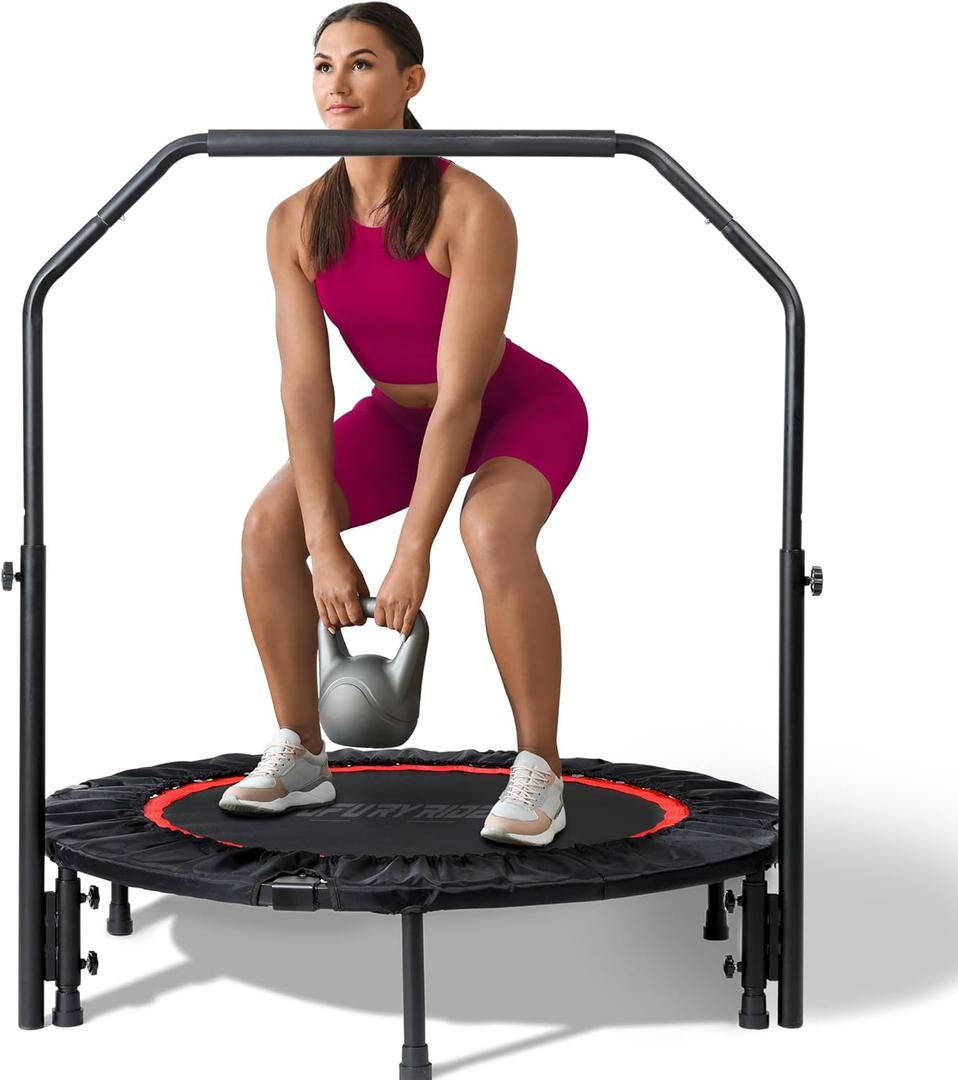 Foldable Mini Trampoline Load 330lbs, 40"/48" Rebounder Trampoline for Adults with Durable Bungee Band and Adjustable Foam Handle for Home Gym, Small Exercise Trampoline for Indoor or Garden Workout (Black & Red)