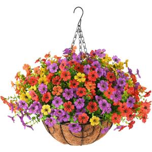 ZFProcess Artificial Faux Hanging Plants Flowers Basket for Spring Summer Outdoor Decoration, Fake Silk Daisy in Planter Realistic UV Resistant Look Real for Porch Home Patio Balcony Yard(Multicolor)