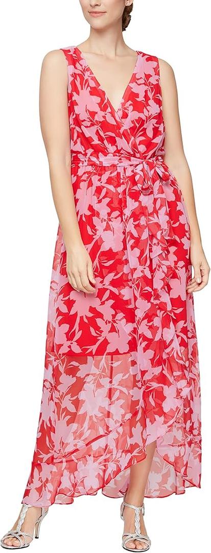 S.L. Fashions Women's Sleeveless Chiffon Wrap Dress with Cascade Ruffle, Perfect for Spring/Summer, Casual Or Wedding Guest Size S