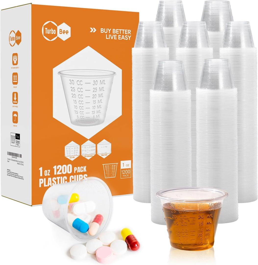 Turbo Bee 1200 Pack 1 OZ Disposable Medicine Cups (30 ml), Small Clear Plastic Measuring Cups for Liquid Medicine, Pills, Resin, and Epoxy