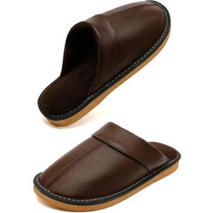 Genuine Leather Slippers for Women Men, Fuzzy Bedroom House Slippers (Brown, L)