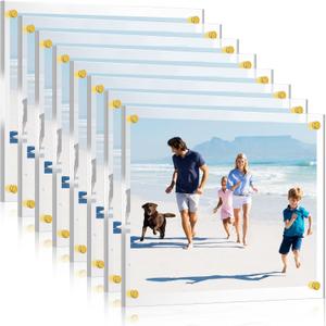 8 Pcs Acrylic Floating Picture Frame 8.5 x 11 Inches Wall Mount Frameless Photo Frames Double Panel Clear for Home Office Photo Display, Full Size 9.6 x 13.2 Inch (Gold)