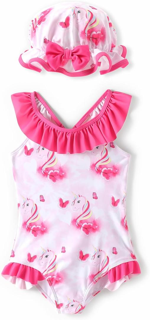 PATPAT Baby/Toddler Girls Swimsuits Ruffle Mermaid Floral One Piece Bathing Suit Beach Swimwear with Sun Hat (5-6 Years, Pink Unicorn)