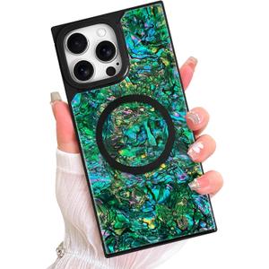 AIGOMARA Magnetic Rectangle for iPhone 16 Pro Case, Compatible with Magsafe Luxury Sparkle Opalescent Pearl for Women Girls Glossy Glitter Protective Phone Case with Screen Protector, Green