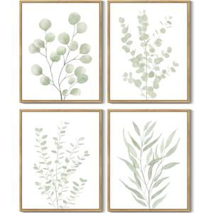 Drsoum Botanical Plant Framed Wall Art Boho Wall Decor for Bathroom Sage Green Eucalyptus Leaf Prints Minimalist Aesthetic Ready to Hang Set of 4, 8x10 in (Natural Framed)