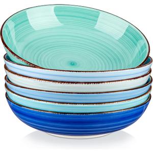vancasso Bonita Pasta Bowls Set of 6, 38 oz Shallow Bowls, Ceramic Pasta Plates and Salad Bowls, Microwave & Dishwasher Safe Serving Bowls, Blue (Cool Color)
