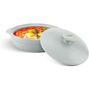 MINH LONG 1-Qt Porcelain Dutch Oven with Lid  Lead & Cadmium Free, Oven Safe to 482F, Heat Retention, Clay Pot for Cooking on Gas & Infrared Cooktop, Use to Marinate, Cook, Bake, Refrigerate & Serve (Luna - Grey)