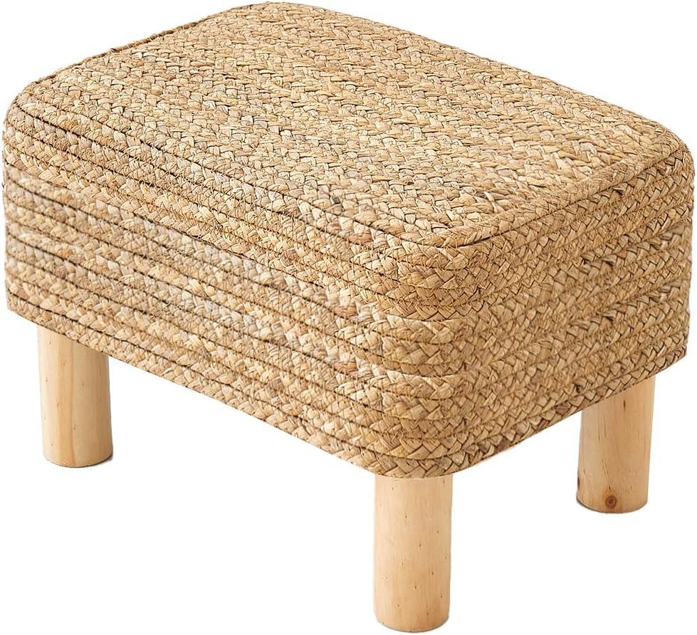 Ottoman Foot Stool Rectangular Footrest Natural Seagrass Footstool with Wooden Legs Hand Weave Multifunctional Modern Dressing Stool, Sofa Side Table for Bedroom for Living Room (Nature) (16.5"D x 12"W x 9.5"H)