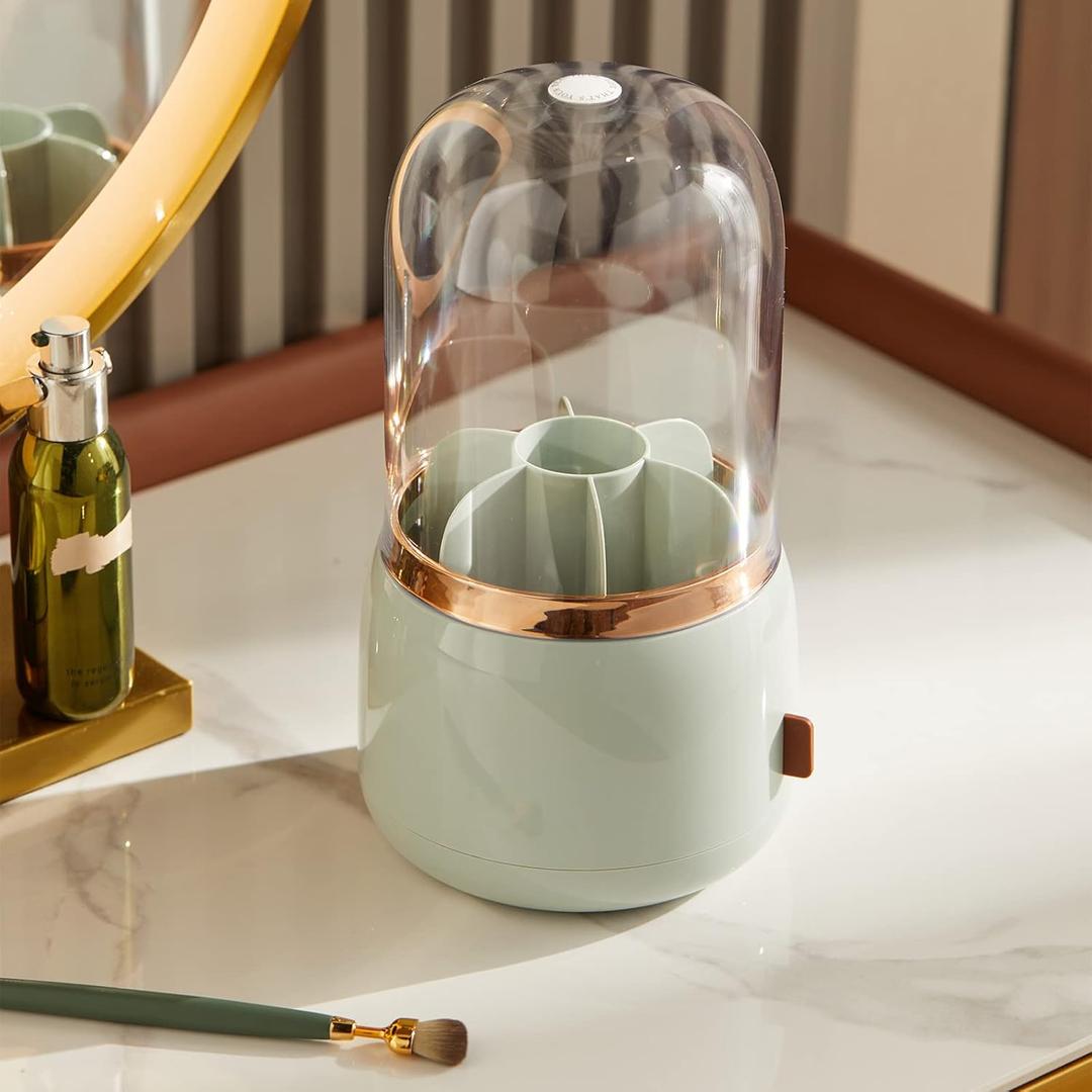Makeup brush holder with Clear Lid Rotating Dustproof Makeup Brushes Organizer Spinning Cosmetics Holders Storage Cup for Vanity Desktop Bathroom Countertop(light green) (Light Green)