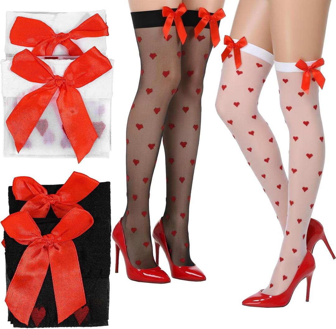 2 Pairs Women's Sexy Thigh High Stockings with Red Bowknots and Heart Valentine's Day Over Knee Black White Satin Socks Heart Tights Valentines Day Stockings for Women