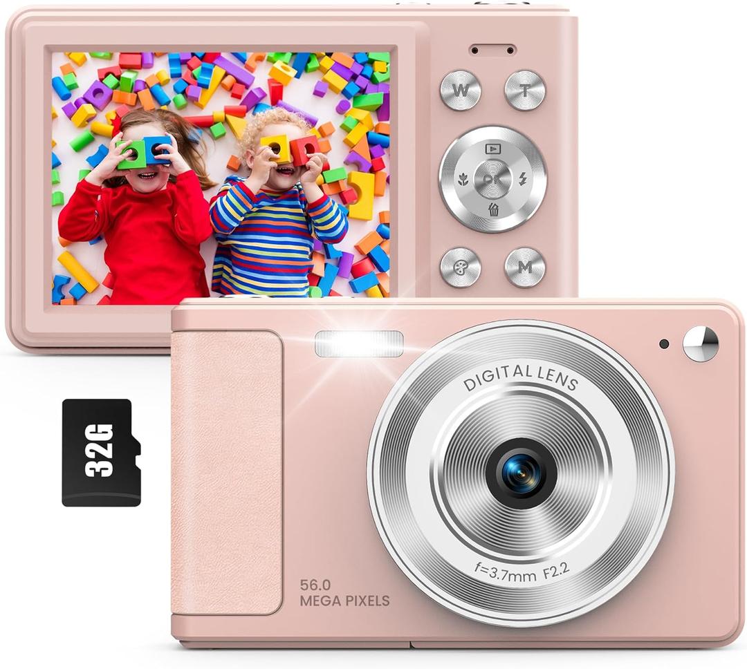 WONNIE Digital Camera 56MP, FHD 1080P Point & Shoot Camera with 32GB SD Card, 2 Batteries, and Lanyard, Ideal for Kids & Teens, Suitable Gift for Girls
