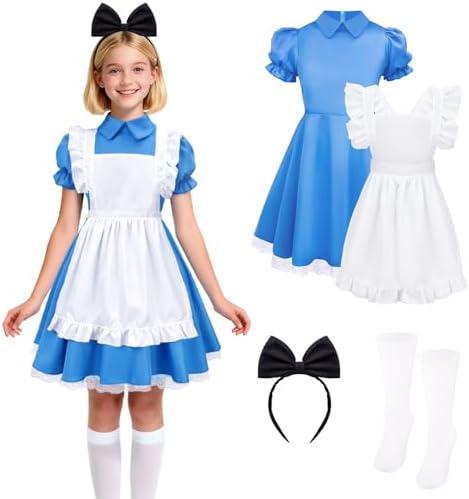 Cardkiss Halloween Costumes for Girls Blue Princess Dress with White Apron, Bow Headband and Socks, Size 150