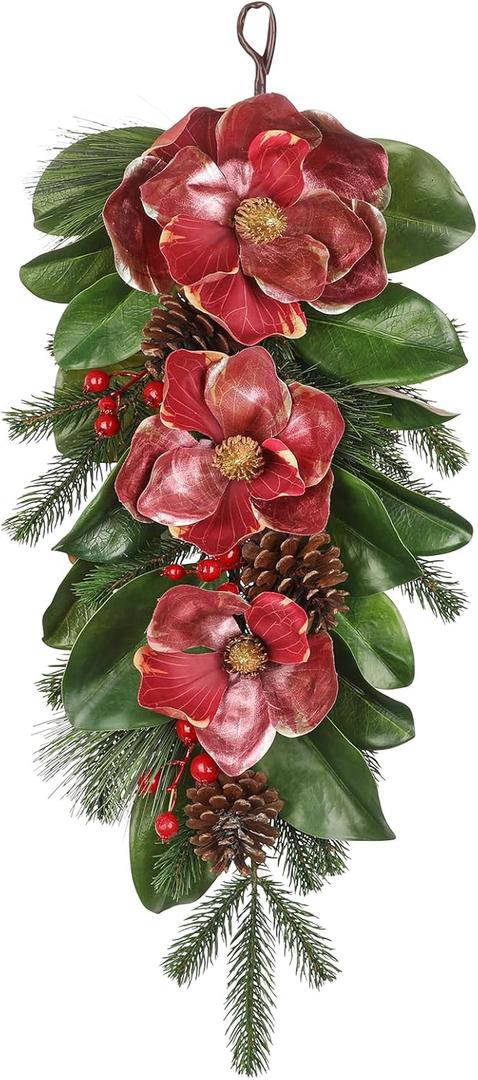 Briful 28.7 Inch Christmas Magnolia Flower Teardrop Swag  Red Magnolia Door Swag with Pine Cones Berries Artificial Christmas Hanging Teardrop for Xmas Home Holiday Front Door Outdoor Porch Decor