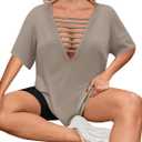 Remidoo Womens Oversized Tshirt Sexy Cut Out Top Ripped Shirt Short Sleeve V Neck Tee Beige Small (Beige, S)