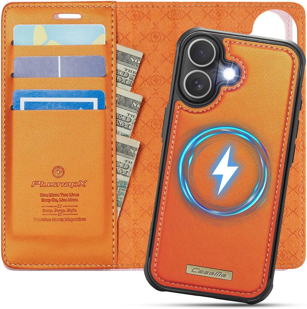 Wallet Case for iPhone 16 Compatible with Magsafe, 2-in-1 PU Leather Flip RFID Blocking Card Holder Stand Shockproof Magnetic Detachable Cover for iPhone 16 Case 6.1", Orange