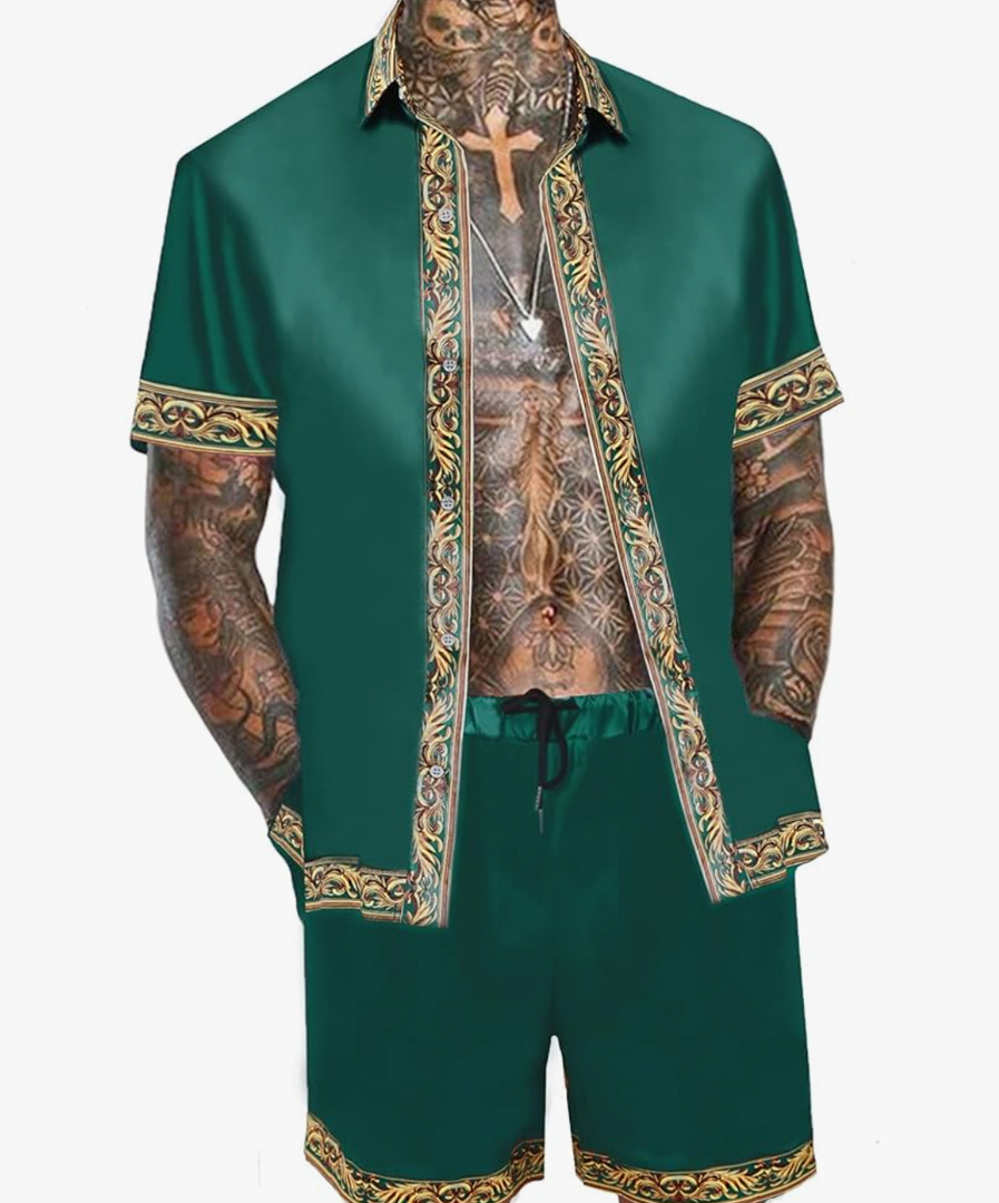 Men's Hawaiian Shirt and Short Set 2 Piece Outfits Luxury Printed Casual Button Down Short Sleeve Satin Shirt Suits L