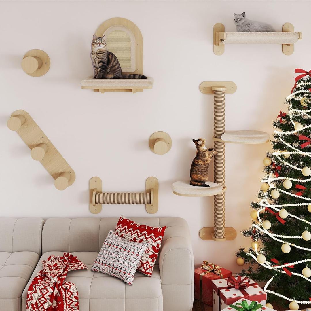 BYBYME 7Pcs Cat Wall Shelves, Solid Wood Indoor Cat Tree, Multi-Levels, Sturdy Wooden Wall Mounted Climbing Frames with Scratching Posts, Kitten Platform and BedNatural Wood