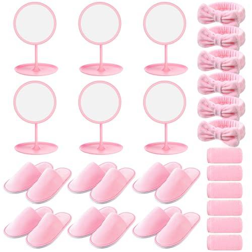 Twistover 24 Pcs Girls Spa Party Supplies for Kids Christmas Foot Spa Birthday Party Favors Include 6 Mirrors 6 Bow Headbands 6 Disposable Slippers 6 Towels for Sleepover Slumber Xmas Gifts(Pink,S)