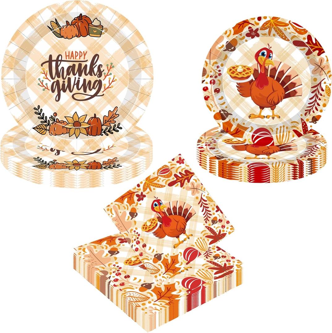 48PCS Thanksgiving Paper Plates and Napkins Sets, Thanksgiving Party Disposable Plates and Napkins, Dinner Decorations