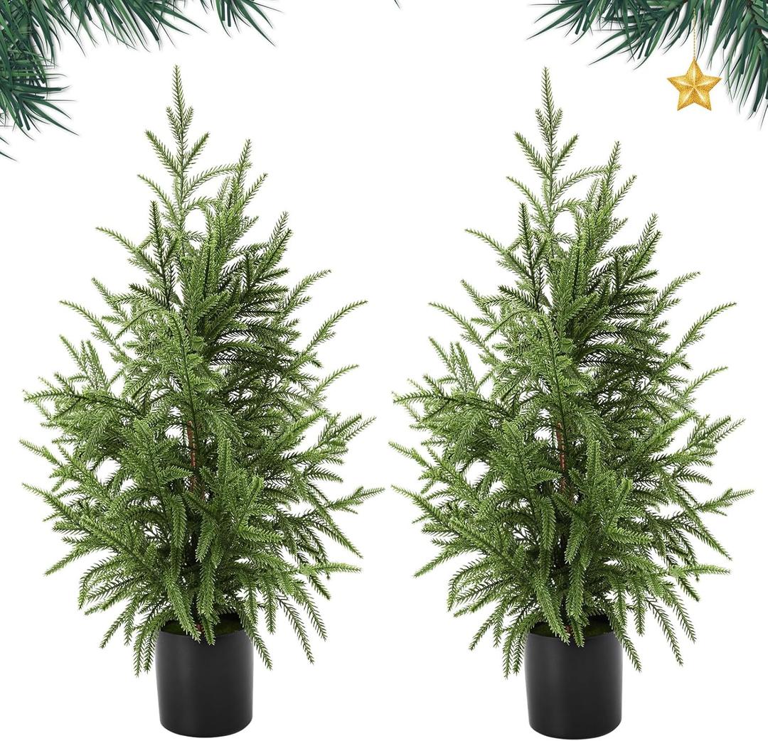 2 Pack Artificial Norfork Pine Tree Real Touch Faux Topiaries Plants Decoration for Garden Home Front Indoor Outdoor Decor