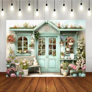 Lofaris Spring Easter Shoppe Backdrop Garden Grass Flower Bunny Rabbit Green Door Window Photography Background Easter Day Party Decorations Portrait Photo Booth Studio Props 7x5ft