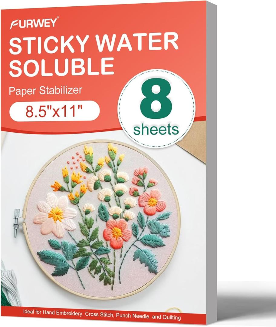 FURWEY 8PCS 8.5"x11" Wash Away Embroidery Stabilizer Self Adhesive & Printable, Water Soluble Paper for Hand and Machine Use