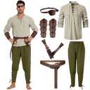 WISHU 7 Pcs Mens Pirate Costume Set Adult Halloween Medieval Renaissance Viking Shirt Banded Pants Outfit Belt Accessories Cosplay(M,khaki+army green)
